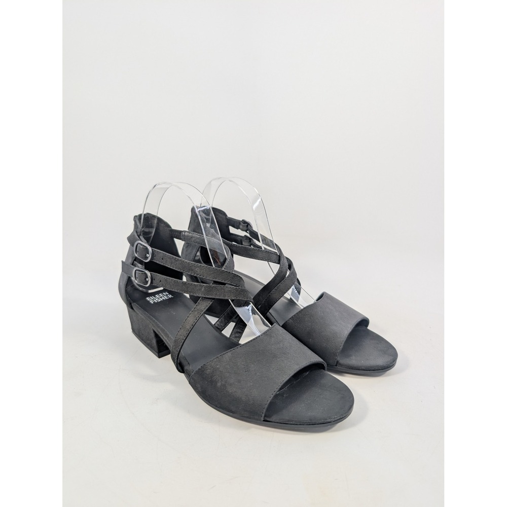 Eileen Fisher Kyra Black Leather Strappy Block Heel Sandals Womens Size 8.5 - Picture 2 of 8